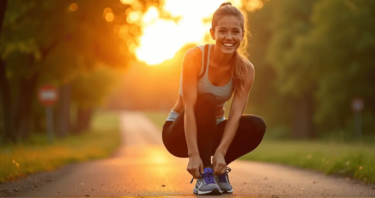 A dynamic image of a confident young woman tying her shoelaces, preparing for a run at sunrise, with a scenic park in the background.