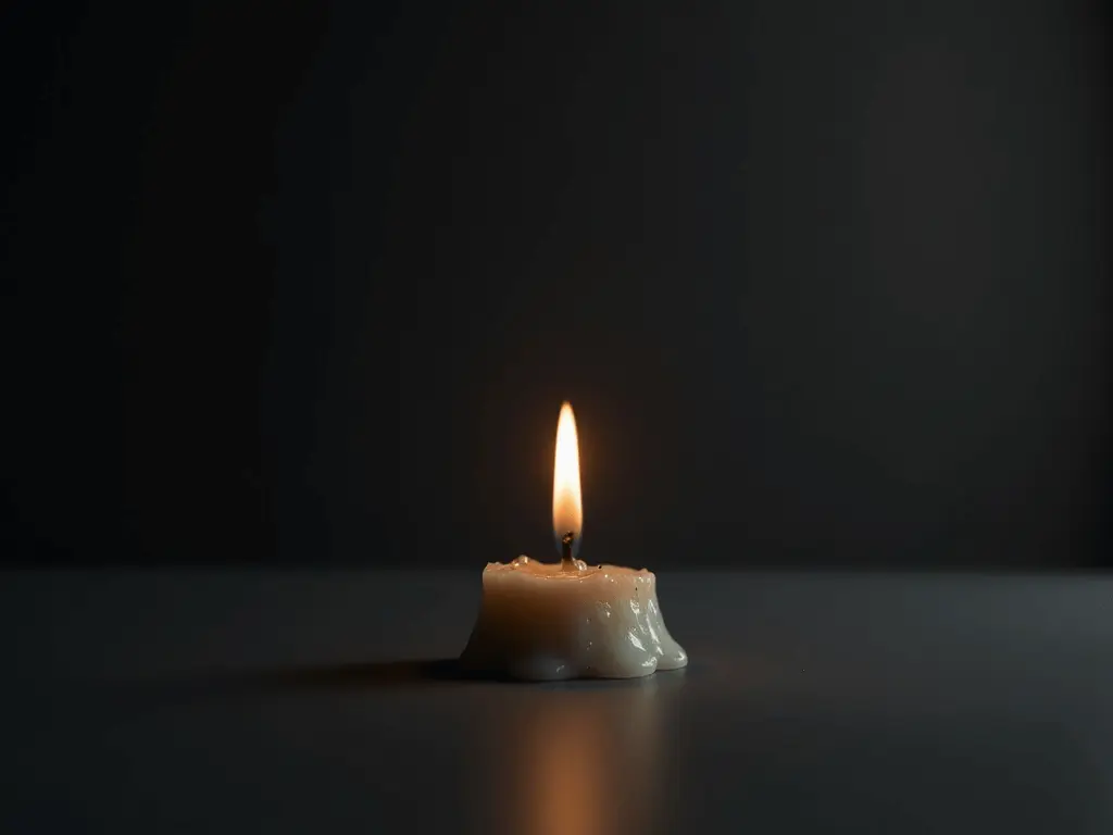 A close-up of a partially melted candle with a flickering flame, symbolizing fading motivation, set on a plain dark background.