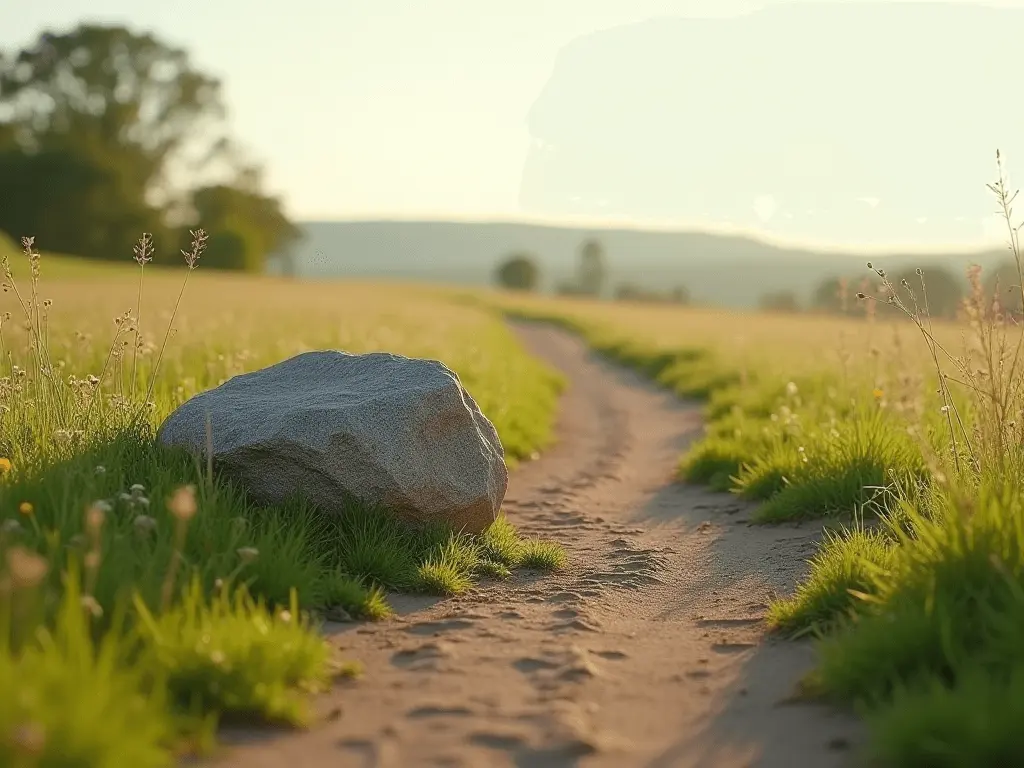 A large, smooth rock blocking a dirt path, with a small side trail curving around it, symbolizing overcoming obstacles.