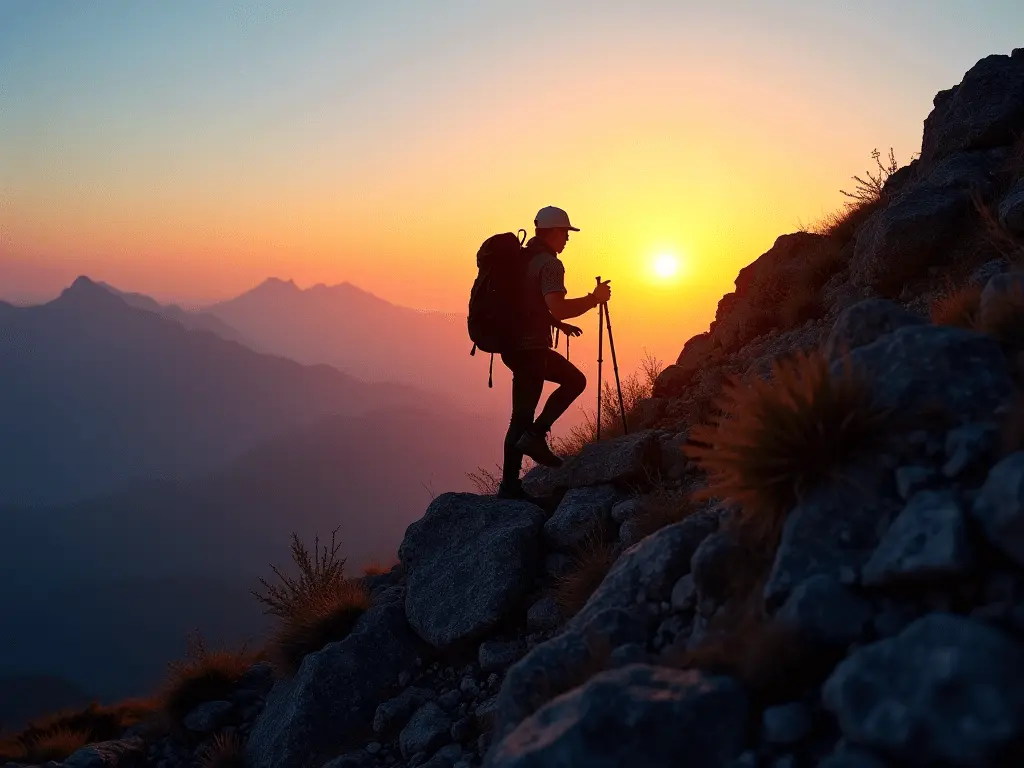 A lone hiker climbing a steep mountain trail with a vibrant sunrise in the background, symbolizing resilience and determination.