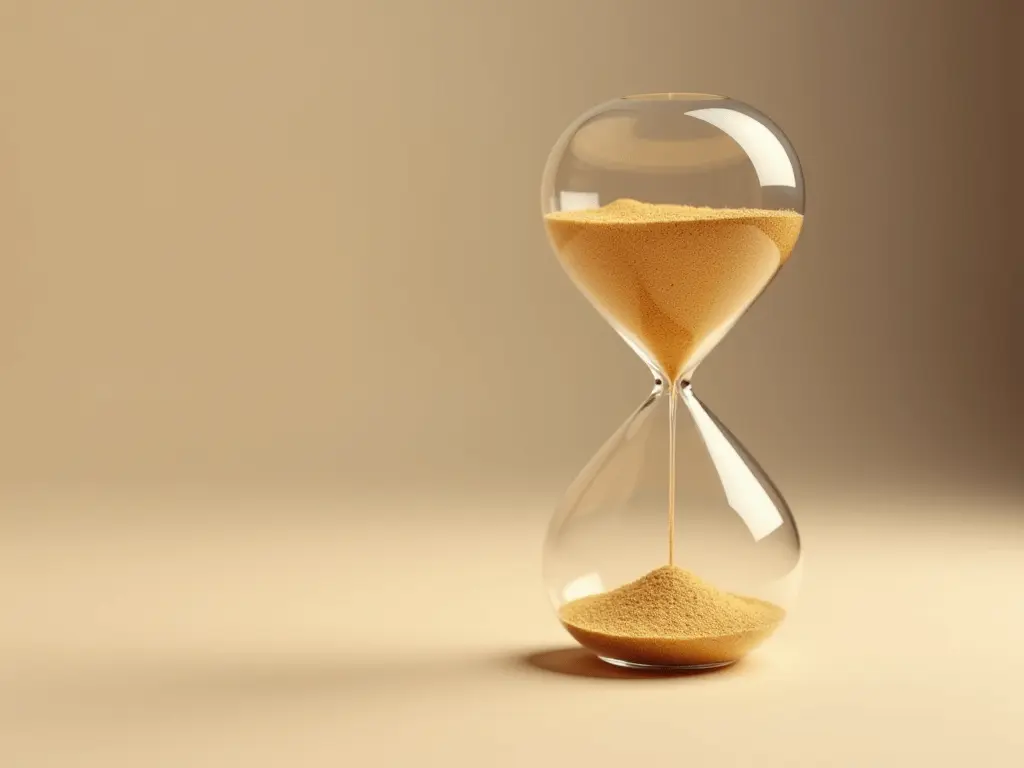 A close-up of an hourglass with golden sand steadily flowing, symbolizing the importance of consistency over time.