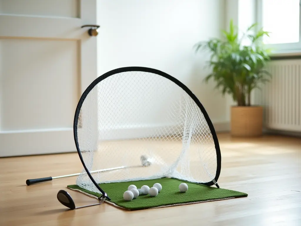 A golf net and practice balls set up in a modern home setting.