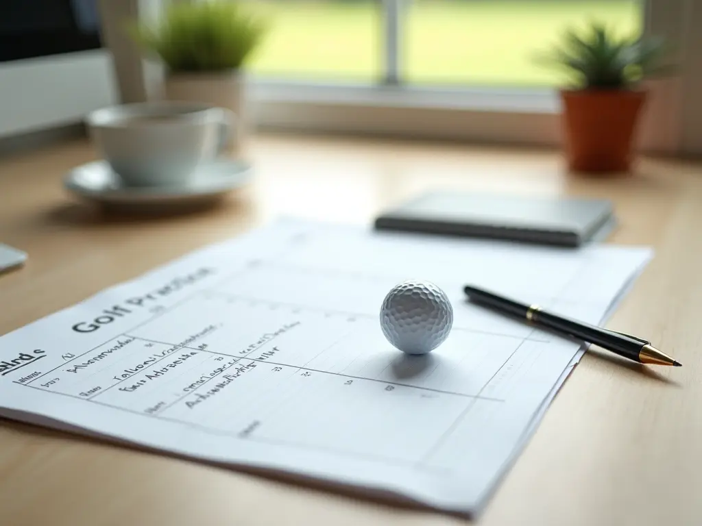 A weekly golf practice planner with a pen and golf ball on a desk.