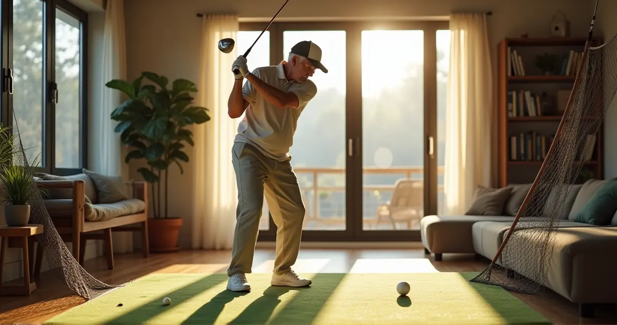 A golfer practicing a swing at home with bright sunlight filtering through a large window.