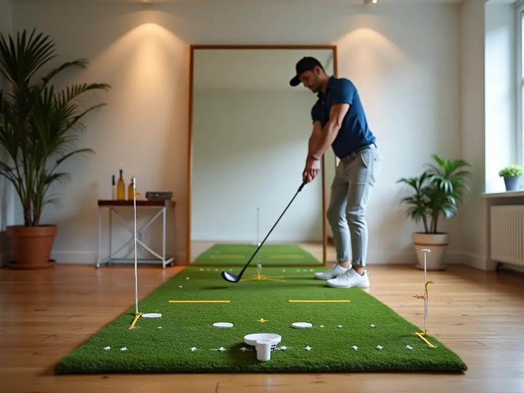 A golf swing practice drill setup with a mirror and club indoors.