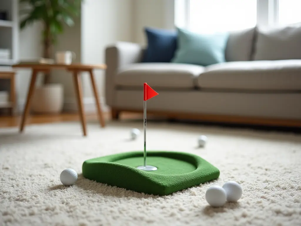 A compact golf chipping target with foam balls indoors.