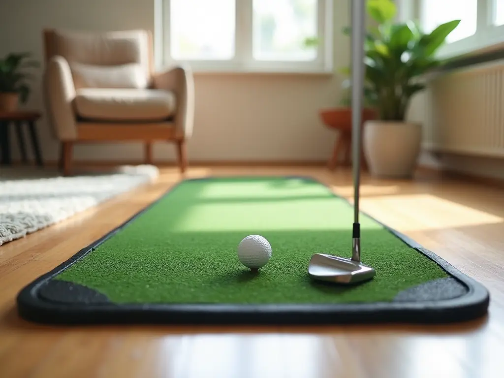 A golf practice mat with a ball and club in a cozy home setting.