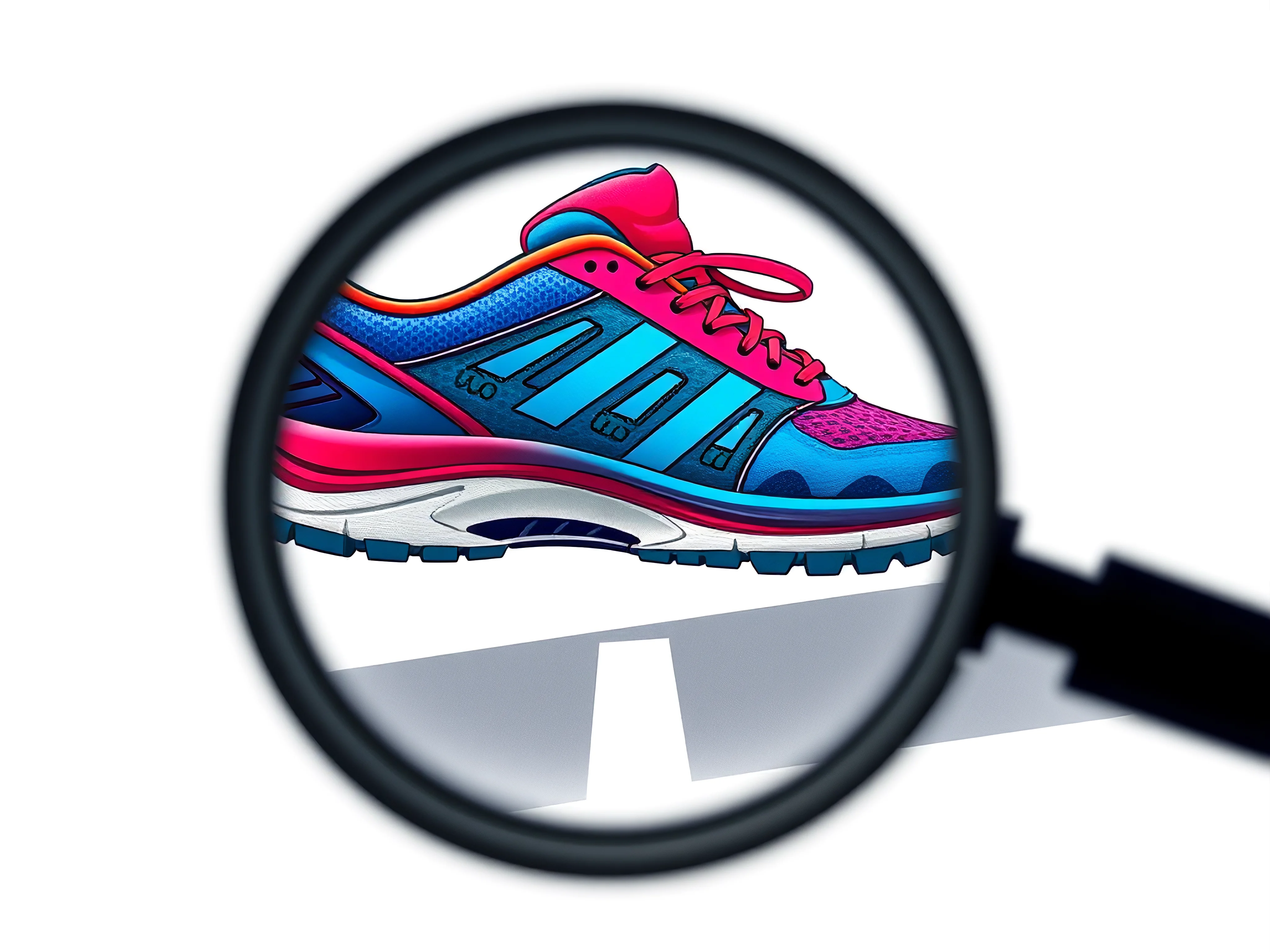 Magnifying glass over vibrant running shoe at a start line, graphic illustration.