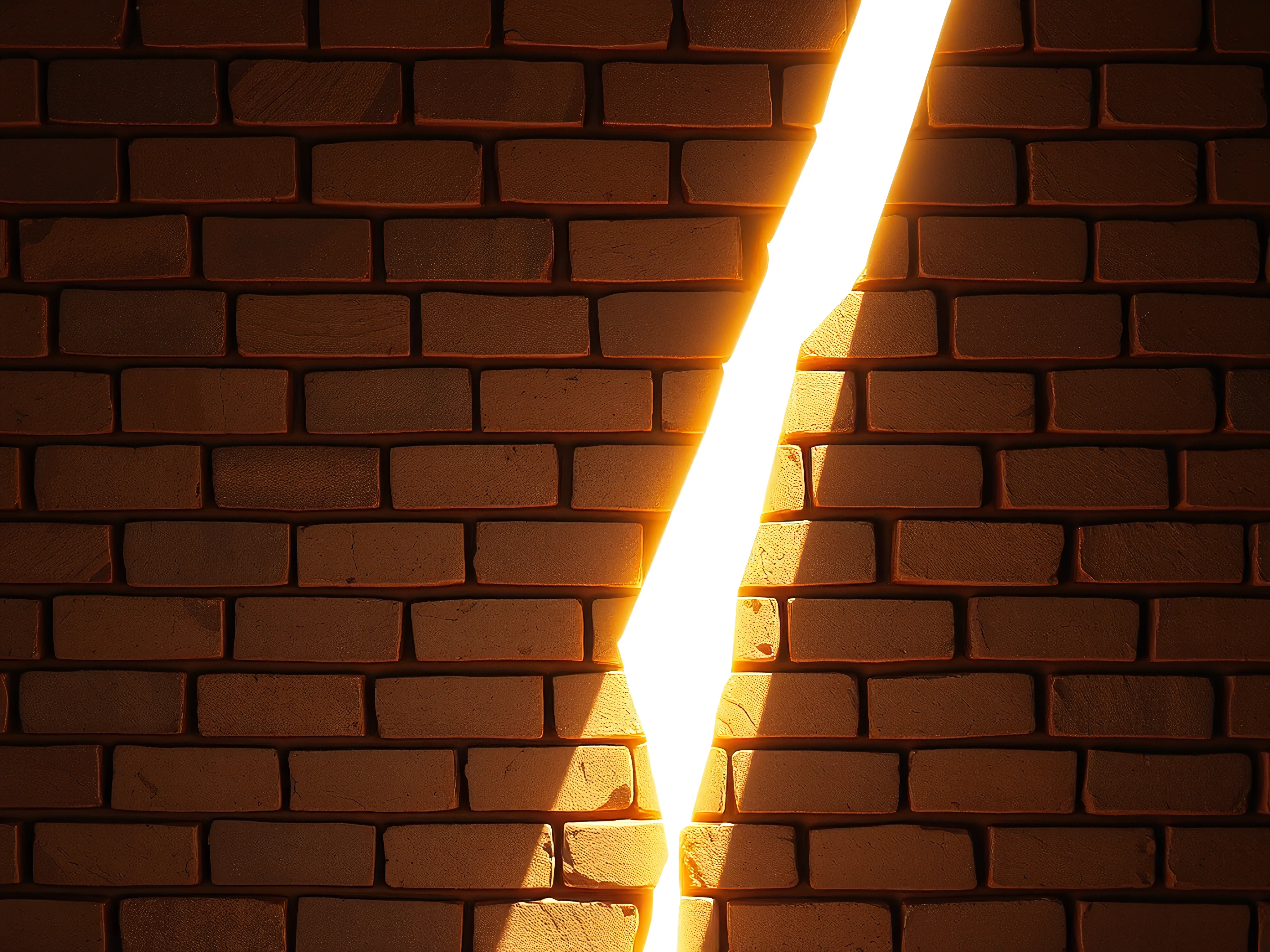 Graphic illustration of a brick wall with a jagged crack and bright golden light.