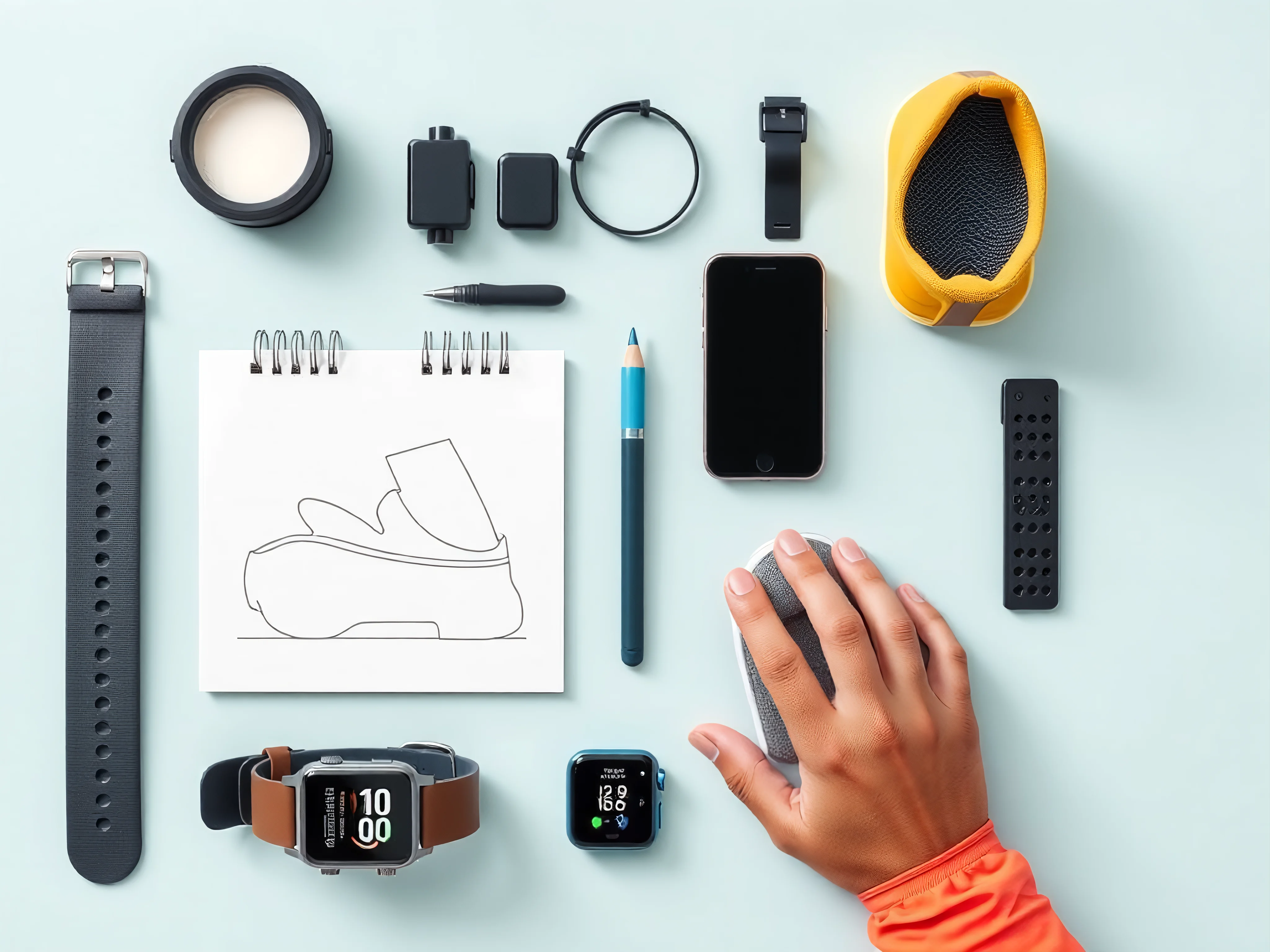 Overhead flat lay of an essential running toolkit with smartwatch and phone app, bold graphic illustration.