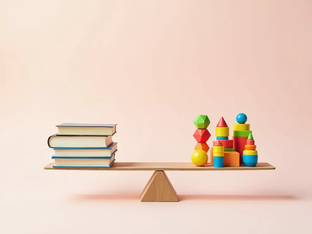 A scale with one side holding a stack of books and the other side holding colorful toys, symbolizing the balance between education and play.