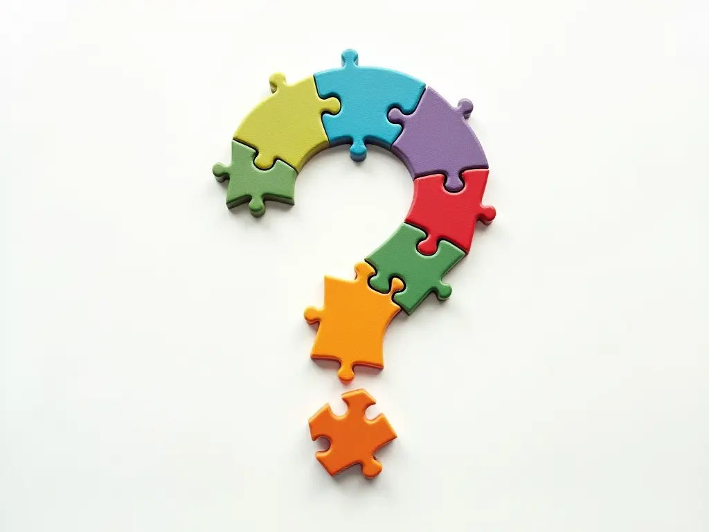 A question mark formed by colorful puzzle pieces on a clean background, symbolizing inquiry and playful learning.