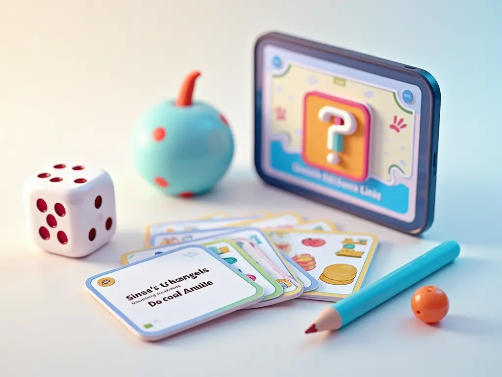 An arrangement of playful and interactive learning tools like dice, cards, and a tablet on a clean background.