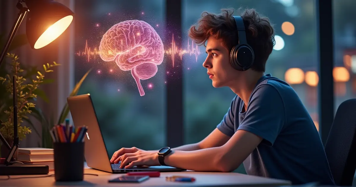 A captivating image of a person deeply engaged in a creative learning activity, surrounded by vibrant and dynamic visuals symbolizing knowledge and brainwaves.